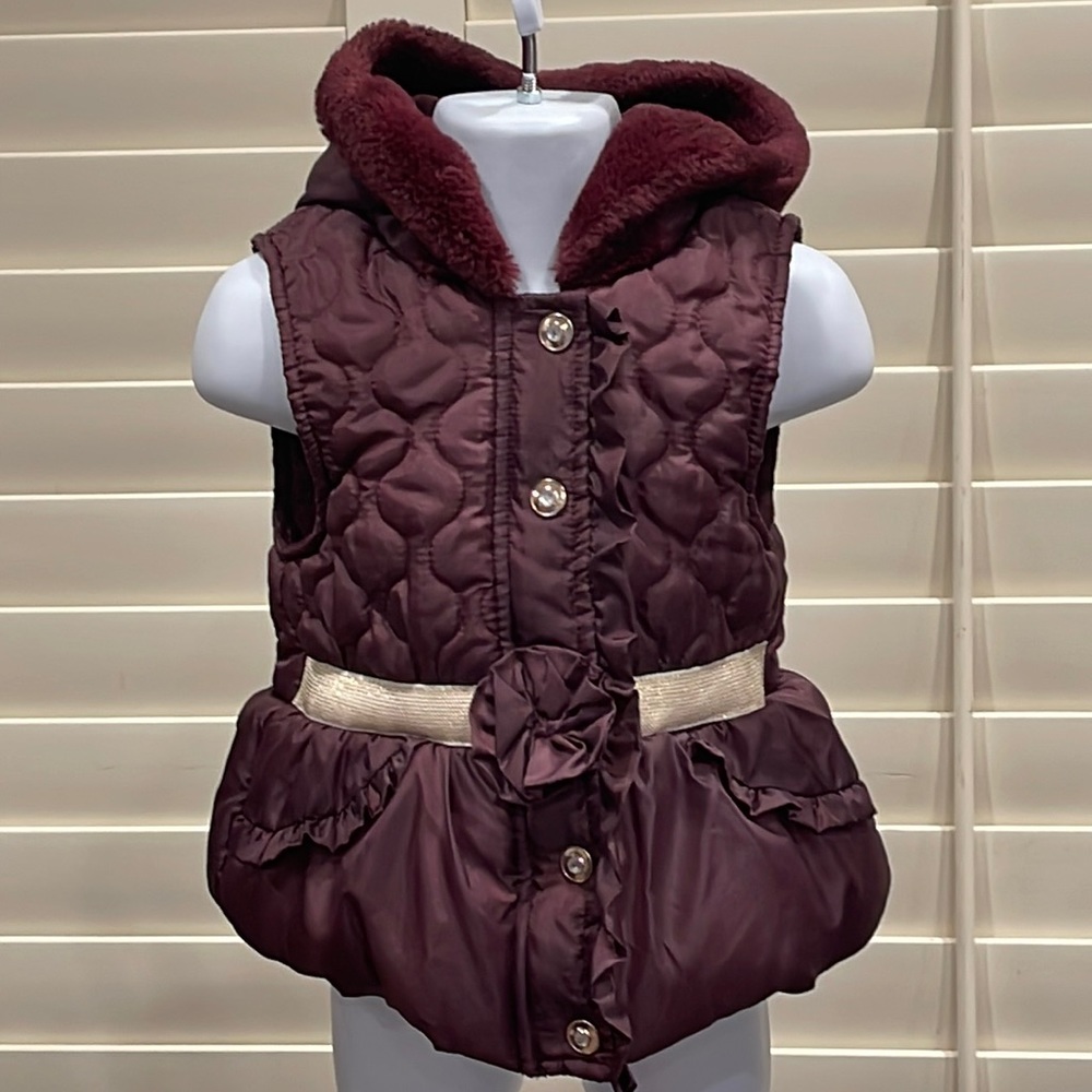 Little Lass Girls Burgundy Front Button and Zipper Hoddie Vest Size 2T